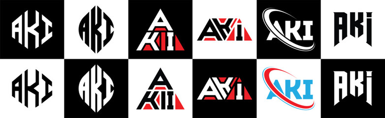 AKI letter logo design in six style. AKI polygon, circle, triangle, hexagon, flat and simple style with black and white color variation letter logo set in one artboard. AKI minimalist and classic logo