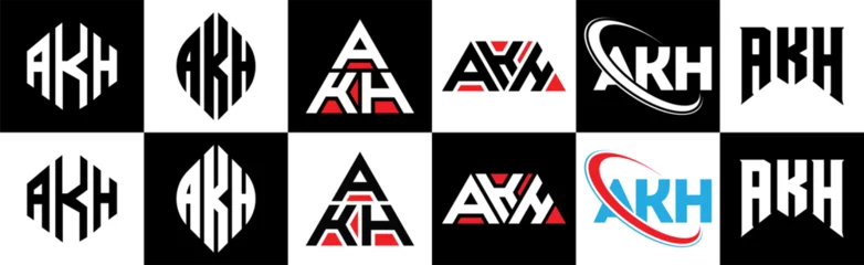 Deurstickers AKH letter logo design in six style. AKH polygon, circle, triangle, hexagon, flat and simple style with black and white color variation letter logo set in one artboard. AKH minimalist and classic logo © mamun25g