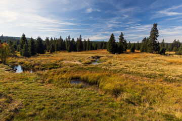 View of the mountain landscape with meadows and lakes