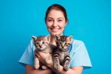 Doctor woman veterinarian in medical suit. holding two happy kittens in his arms