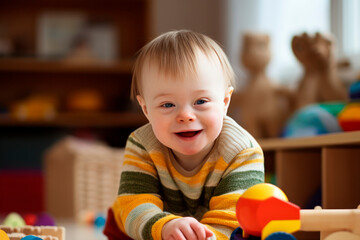 child with down syndrome plays with educational toys and smiles