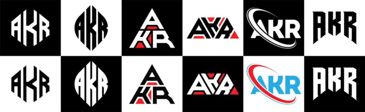 AKR letter logo design in six style. AKR polygon, circle, triangle, hexagon, flat and simple style with black and white color variation letter logo set in one artboard. AKR minimalist and classic logo
