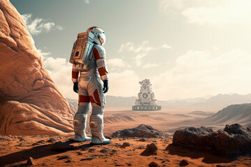 man in a spacesuit on the planet mars. Conquest of Mars. flight to Mars.