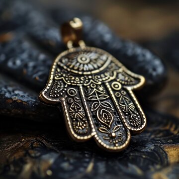 A gold hamsa hand pendant sitting on top of a black stone, AI