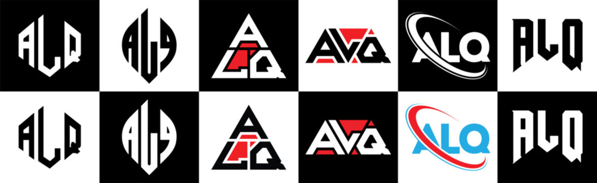 ALQ letter logo design in six style. ALQ polygon, circle, triangle, hexagon, flat and simple style with black and white color variation letter logo set in one artboard. ALQ minimalist and classic logo
