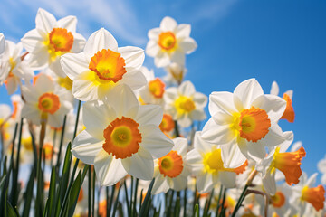Close up of daffodil flowers in front of blue sky - obrazy, fototapety, plakaty