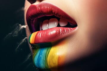 Modern surrealistic collage art depicting lips and rainbow rays with LGBTQ+ themes. Generative AI - obrazy, fototapety, plakaty