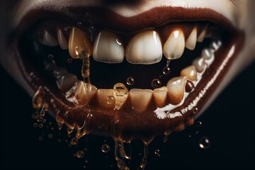 Teeth stain from coffee and drinks, yet healthy. Generative AI - obrazy, fototapety, plakaty