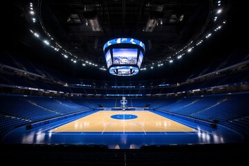 Desolate and captivating abandoned basketball court gleams in the darkened and empty grand arena - obrazy, fototapety, plakaty