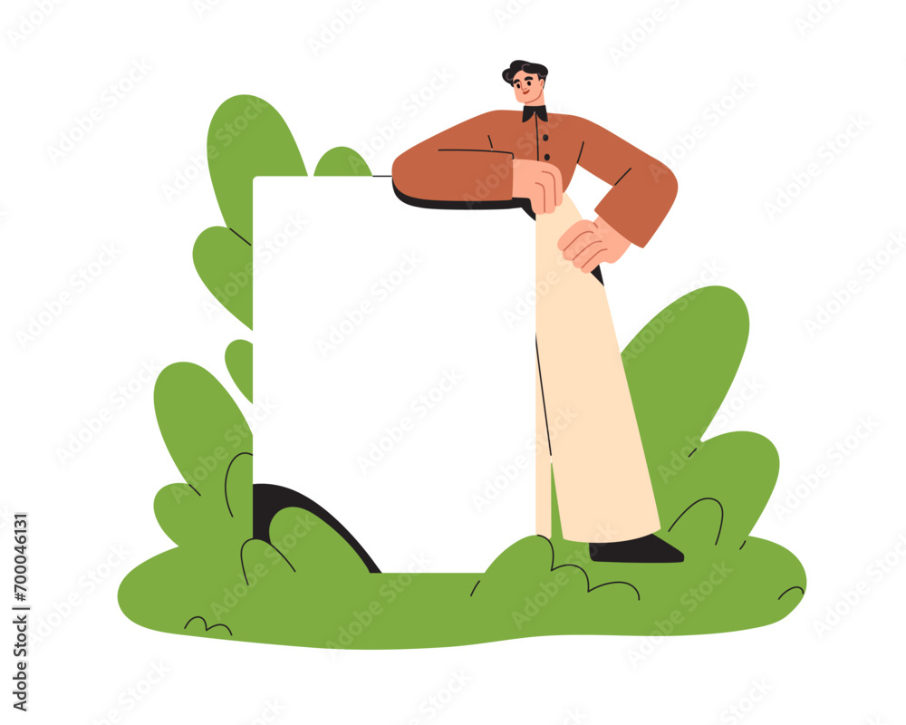 Poster man with blank paper sheet. business character showing empty document, vertical banner, poster, boar