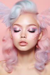 Woman with carnival fairy costume makeup on pastel colored background