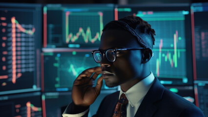 Analytical Grin: Glasses-Wearing Dark-Skinned Man Smirks at Chart Analysis