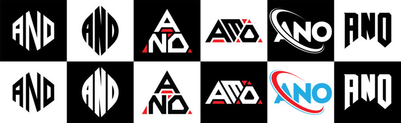 ANO letter logo design in six style. ANO polygon, circle, triangle, hexagon, flat and simple style with black and white color variation letter logo set in one artboard. ANO minimalist and classic logo