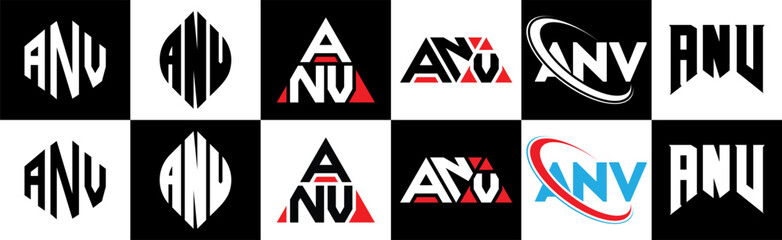 ANV letter logo design in six style. ANV polygon, circle, triangle, hexagon, flat and simple style with black and white color variation letter logo set in one artboard. ANV minimalist and classic logo