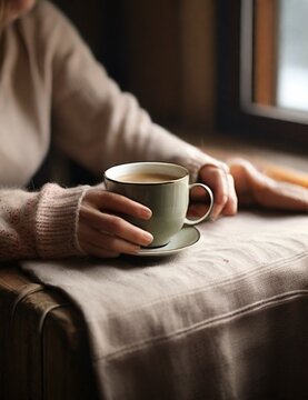Embracing the warmth indoors, a woman's hands clad in a cozy sweater delicately hold a cup of hot coffee, creating a tranquil still life composition that speaks to the soothing rituals of enj.........