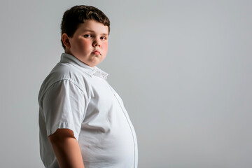 Overweight or obese young boy, isolated on white background.
