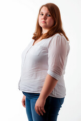 Obraz premium Obese or overweight young girl isolated on a white background.
