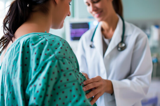 Doctor performing breast exam for cancer screening on a patient.
