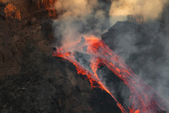 Eruptive vent with lava emis at the top of the Etna volcano