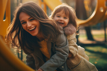 mother and daughter laughing and playing together in the autumn park