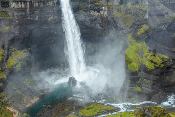 Haifoss waterfall in a deep and narrow canyon in south Iceland
