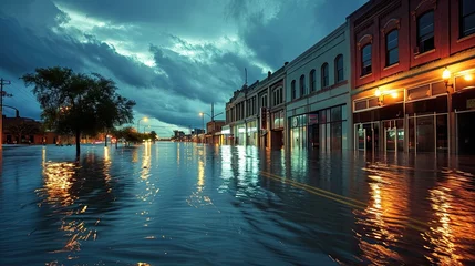 Foto op Aluminium flooded downtown, water reaching the windows of businesses, and street signs peeking through, highlighting economic impact. © Filip