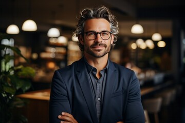 Obraz premium Successful entrepreneur standing confidently in their creative design office, Generative AI