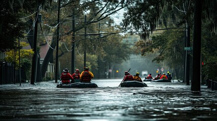 A street scene with emergency services evacuating residents in boats, focusing on human resilience and urgency