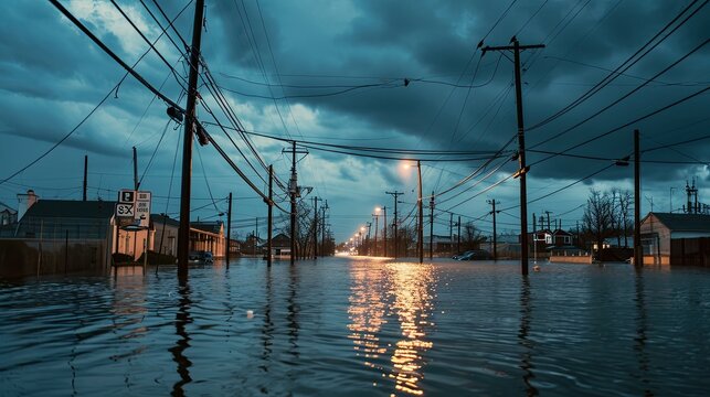 flooded street with visible electrical lines and poles, emphasizing the dangers beyond just water