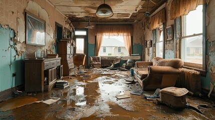flooded living room, furniture floating and personal belongings scattered, showcasing the devastating personal impact of a flood