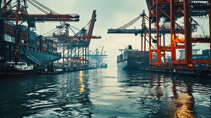 flooded shipping port, cargo containers and ships stranded, indicating global economic impact. The color palette should consist of industrial greys, ocean blues, and rusty reds