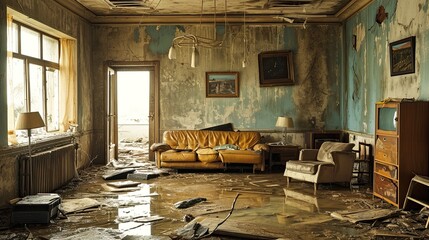 flooded living room, furniture floating and personal belongings scattered, showcasing the devastating personal impact of a flood