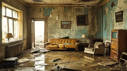 Foto op Aluminium flooded living room, furniture floating and personal belongings scattered, showcasing the devastating personal impact of a flood © Filip