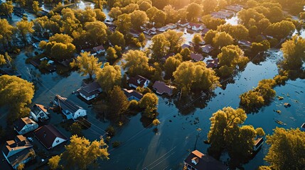 A drone shot overlooking a residential area completely submerged, with only rooftops and trees visible, indicating the extent of the flood. Employ a color palette with shades of blue and green