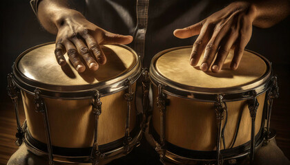Close-up of a hands of a percussionist while playing wooden bongos. Percussion instrument. Generative Ai.
