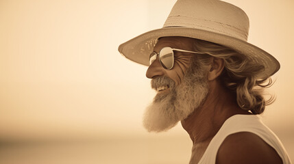 The New Nostalgia – A Smiling Man with Beard and Sunglasses on the Beach, 80s Style, with Old Camera Featuring Film Grain - obrazy, fototapety, plakaty