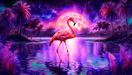 Pink flamingo on the shore of the blue ocean, palm trees, blue sky, sun. Paradise landscape - obrazy, fototapety, plakaty