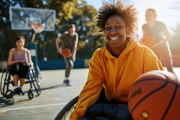 smiling young disabled afro american female basketball player holding a ball while sitting on wheelchair at outdoors court