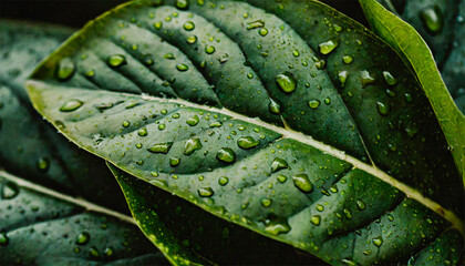 Photograph of a detailed green leaf with dewdrops