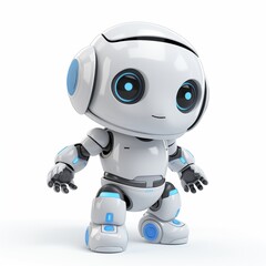 Futuristic volumetric baby robot with a charming design, featuring large blue eyes and a sleek white and grey body, exuding a friendly vibe for companionship and interactive play.