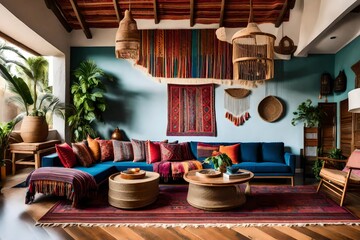 stylish bright boho home interior, where eclectic charm meets modern sophistication. Picture a living space adorned with a rich tapestry of colors