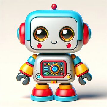 Cheerful volumetric cartoon illustration of a toy robot with a friendly face, adorned with vibrant details and playful colors, creating an enchanting character full of whimsy and charm.