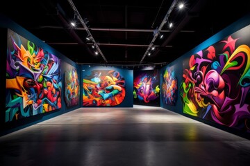 Street art gallery with dark concrete walls showcasing a kaleidoscope of vivid colors, Generative AI - obrazy, fototapety, plakaty