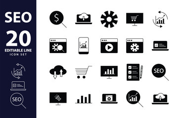 Dynamic SEO Vector Icons: Modern Black Fill Icons for Web Development, Strategy, and Optimization – Editable Pictograms and Infographic Elements Included.