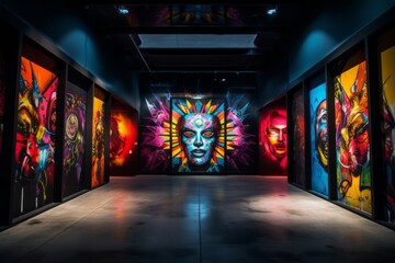 Street art gallery with dark concrete walls showcasing a kaleidoscope of vivid colors, Generative AI - obrazy, fototapety, plakaty