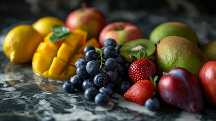 Vibrant Assortment of Fresh Fruits. SHallow depth of field. Strawberry, blueberry, mango and fruits. Healthy lifestyle. Wellness concept - obrazy, fototapety, plakaty
