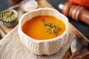 Vegetables  pumpkin soup with ingredients. Dishes, food.