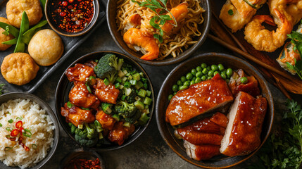 Asian Cuisine Feast: A Medley of Delicious Dishes. Chilli, rice, braised pork and fried foods. Comfort foods. Overhead view. - obrazy, fototapety, plakaty