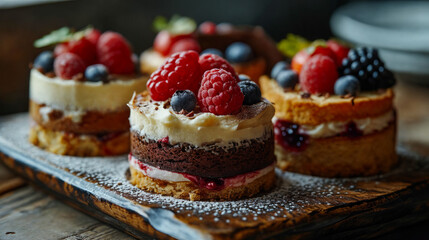 Gourmet Mini Berry Layer Cakes on Rustic Table. Shallow depth of field. Baked goods. Comfort food.
