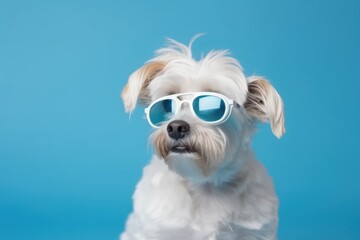 Cute dog in sunglasses on blue background
